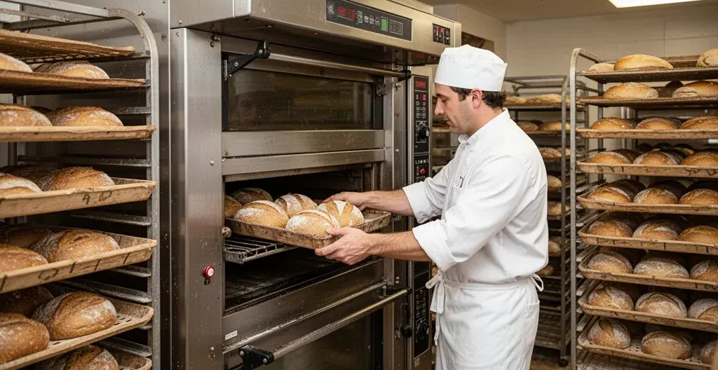 Boulanger artisan chargeant un four électrique professionnel dans sa boulangerie