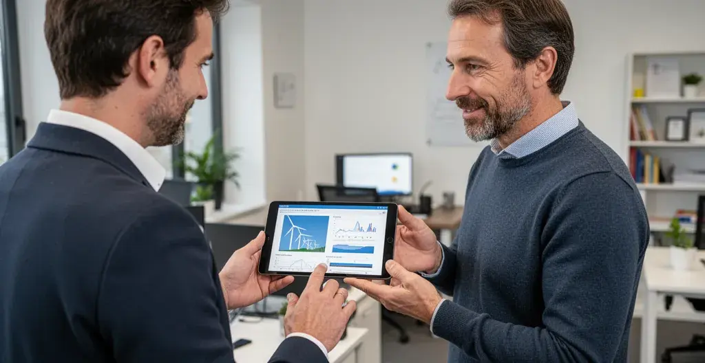 Courtier en énergie analysant les options tarifaires avec un gérant de PME sur tablette