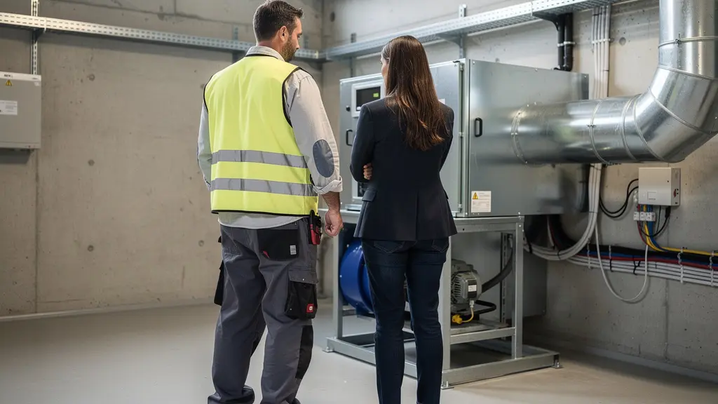 Électricien et responsable technique en discussion dans un local technique municipal