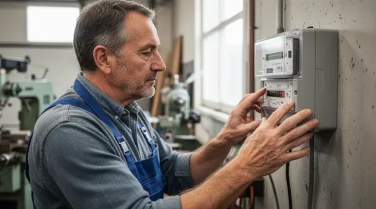 Gérant de PME vérifiant son compteur électrique professionnel tarif jaune