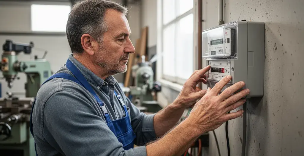Gérant de PME vérifiant son compteur électrique professionnel tarif jaune