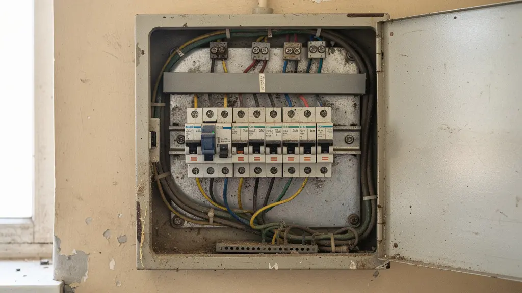 Tableau électrique vétuste années 1980 dans un bâtiment communal