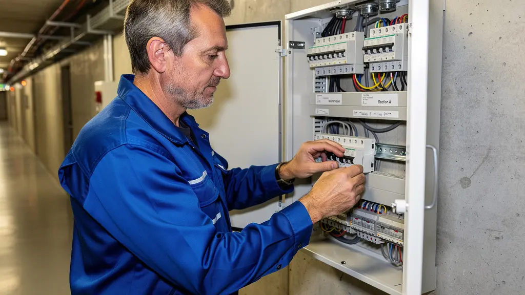 Électricien inspectant un tableau électrique dans un bâtiment communal