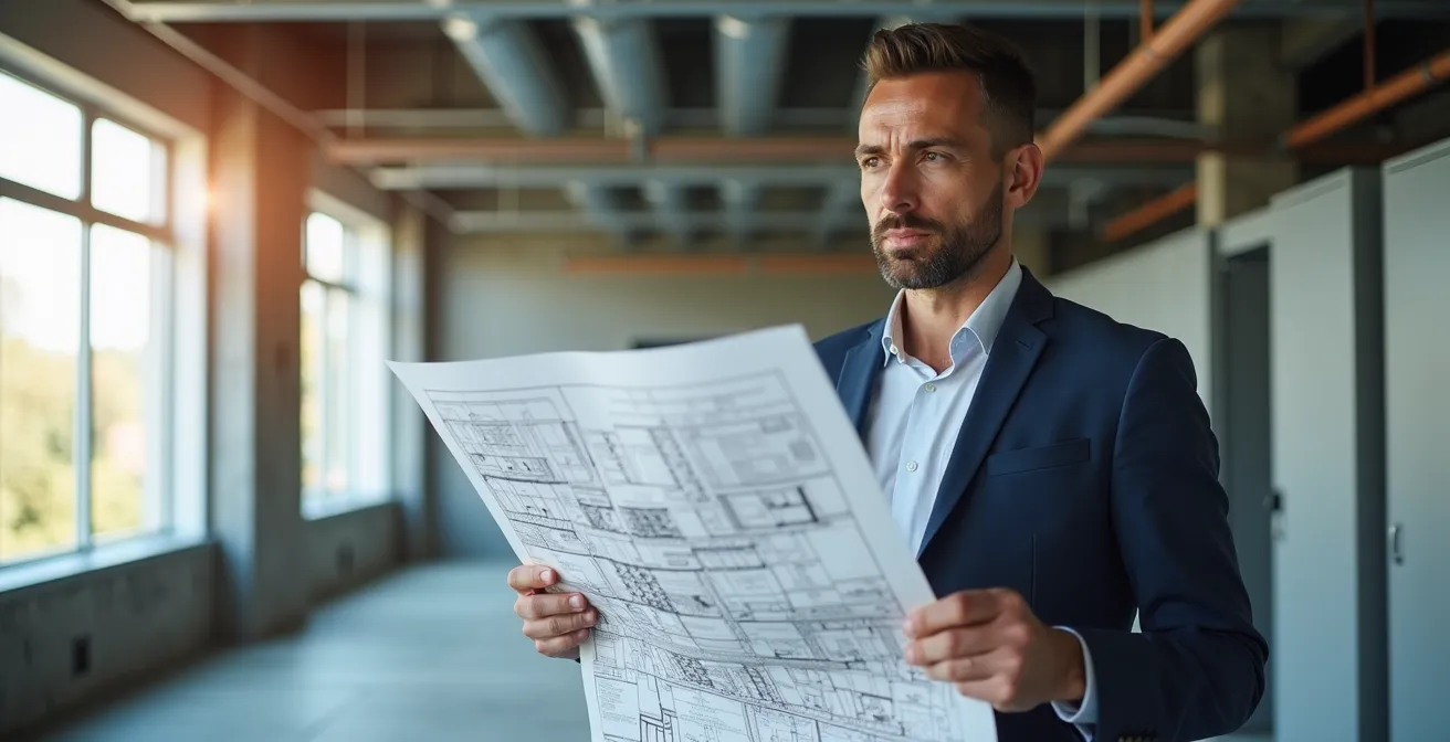 Bureau moderne avec vue panoramique montrant l'installation électrique et les équipements professionnels