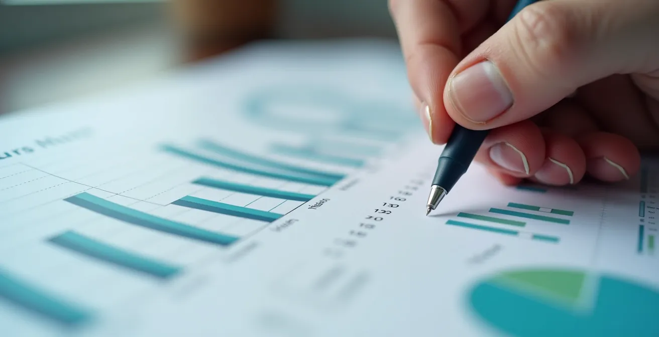 Vue macro de mains parcourant des graphiques et tableaux statistiques du rapport du médiateur de l'énergie.