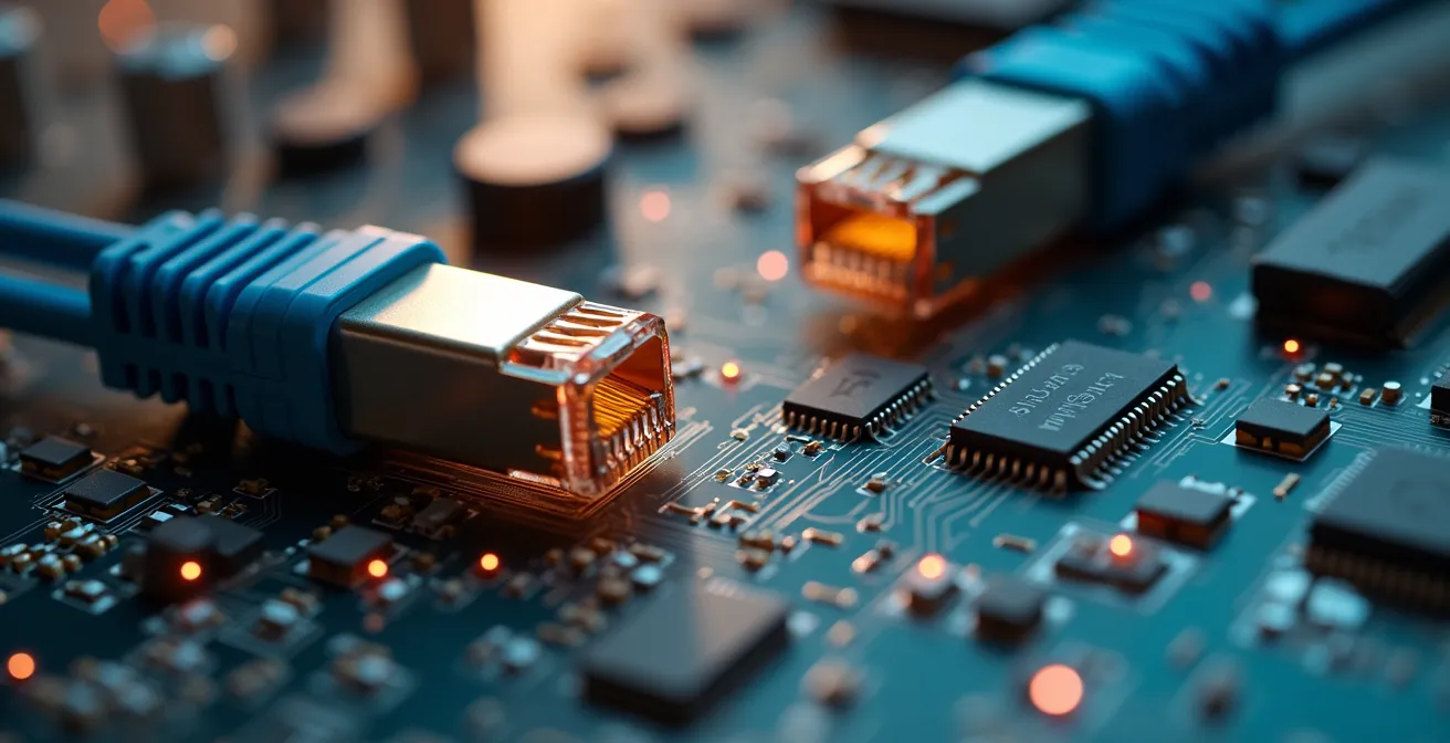 Vue macro de composants électroniques interconnectés symbolisant l'interopérabilité des systèmes