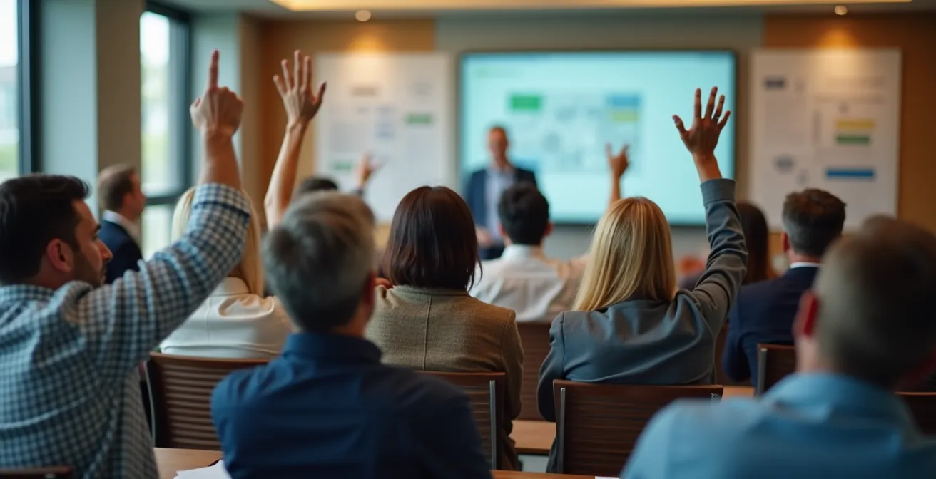 Vue d'ensemble d'une assemblée générale de copropriété avec propriétaires votant