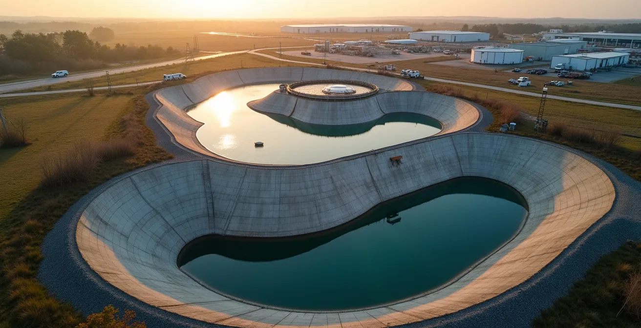 Vue aérienne d'un bassin de rétention des eaux pluviales sur site industriel