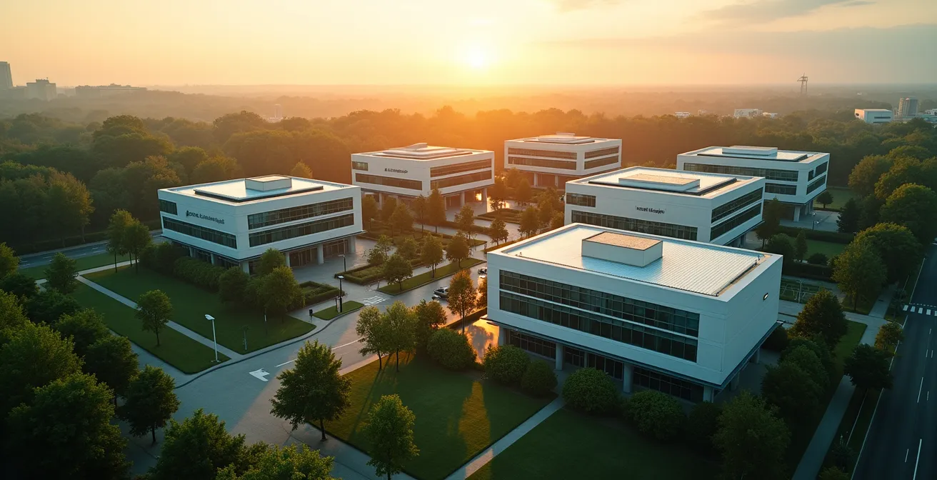 Vue aérienne minimaliste d'un complexe de bureaux moderne intégré dans un environnement végétalisé