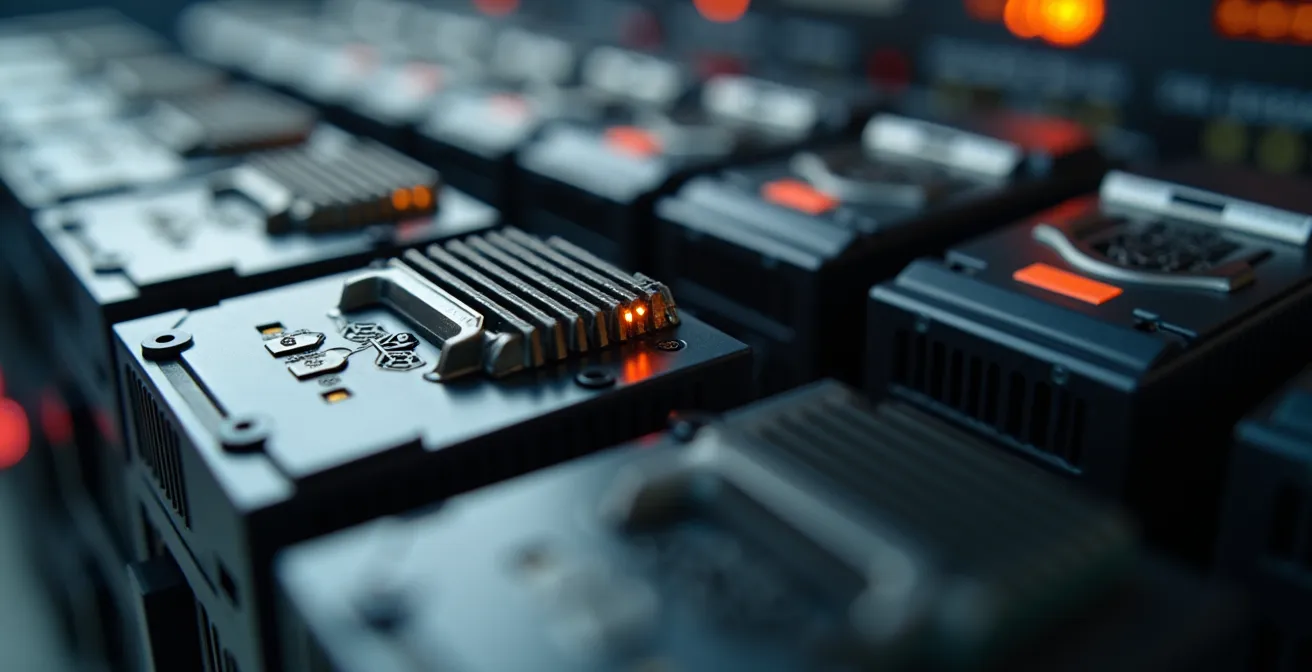 Gros plan sur des batteries d'onduleur industriel avec indicateurs LED