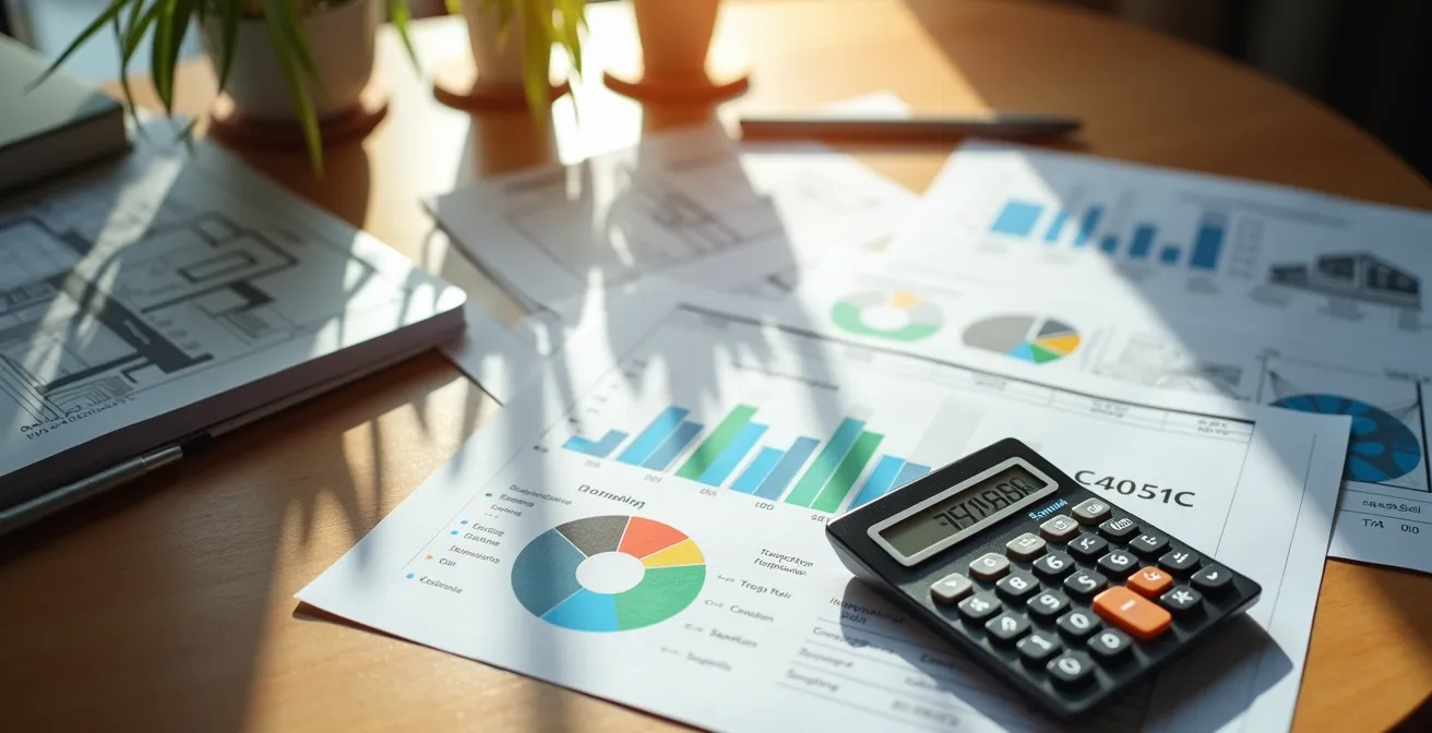 Bureau avec calculatrice, plans de rénovation et graphiques de retour sur investissement