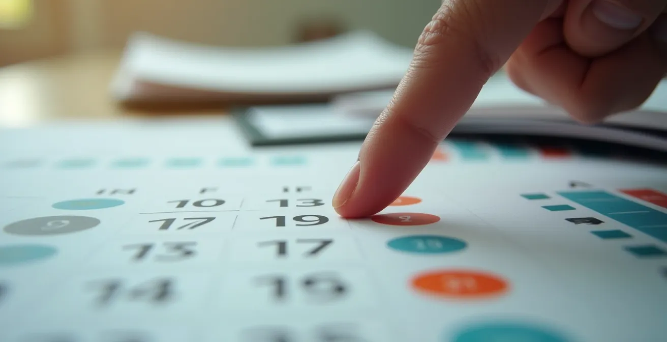 Main pointant une date sur un calendrier avec des documents de certification en arrière-plan