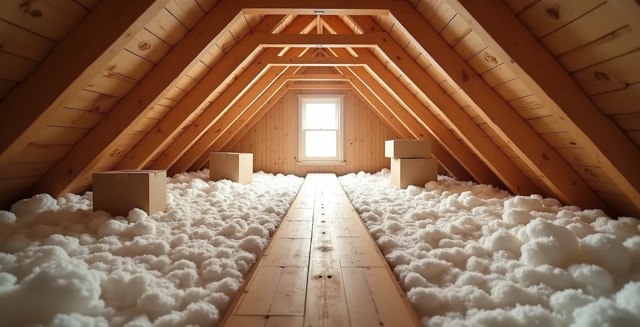 Vue large de combles perdus avec chemins de circulation en planches sur solives et isolation soufflée intacte entre les passages