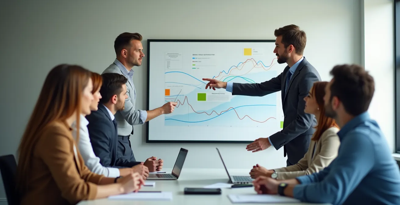 Réunion d'un comité énergie avec graphiques de tendances sur tableau blanc