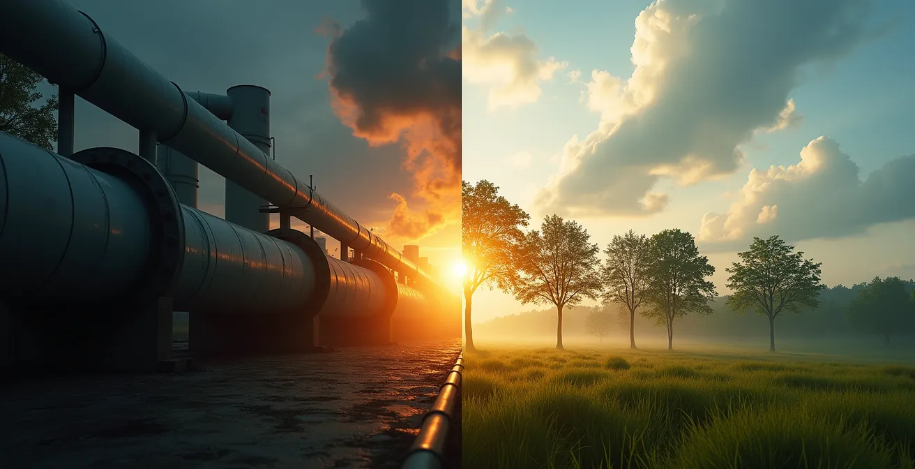 Comparaison visuelle des émissions de CO2 entre gaz naturel, fioul et énergies renouvelables pour le chauffage