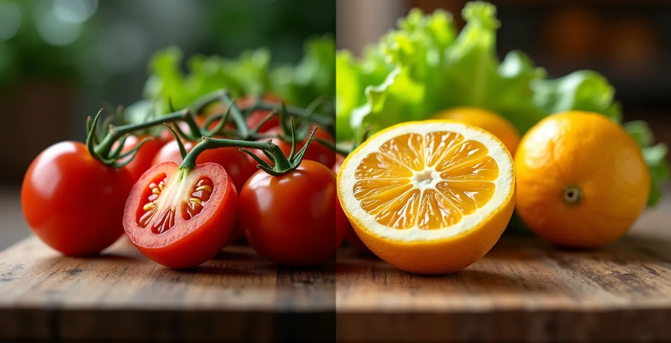 Comparaison visuelle du rendu des couleurs d'aliments frais sous différents IRC