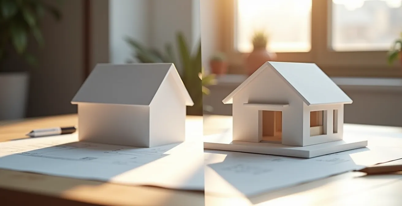 Vue architecturale comparant deux maisons aux performances énergétiques différentes