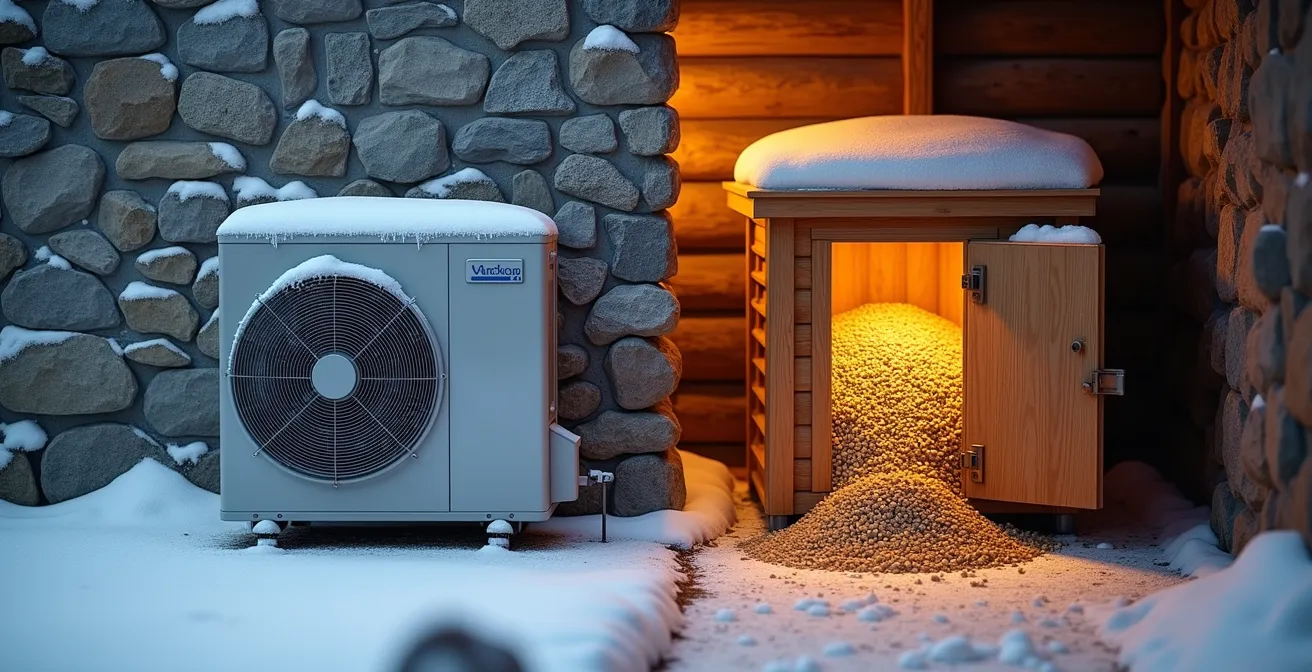 Comparaison visuelle entre une pompe à chaleur extérieure givrée et un silo de granulés bois dans un environnement montagnard enneigé