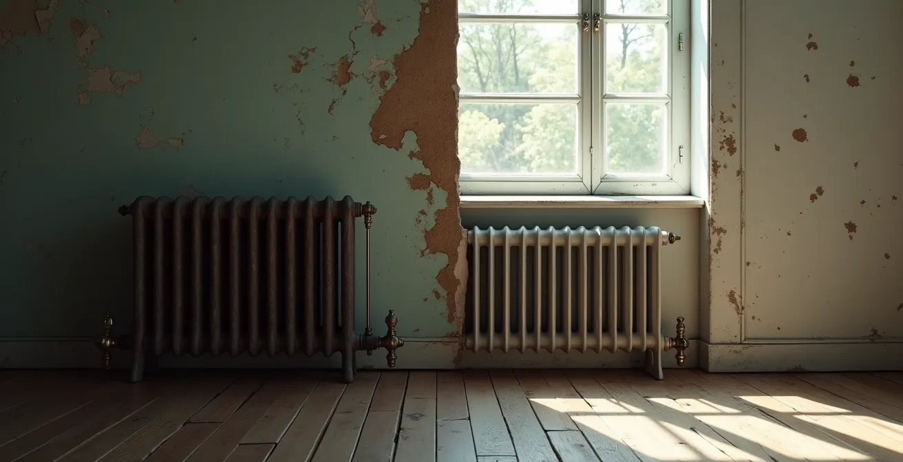 Comparaison visuelle entre radiateur fonte ancien et radiateur aluminium moderne dans un contexte de rénovation