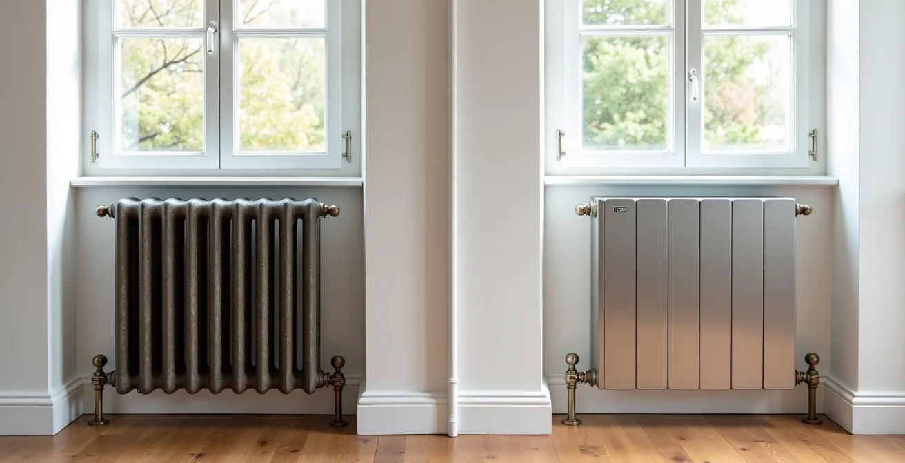 Comparaison visuelle entre un ancien radiateur en fonte et un radiateur moderne basse température dans un intérieur rénové.