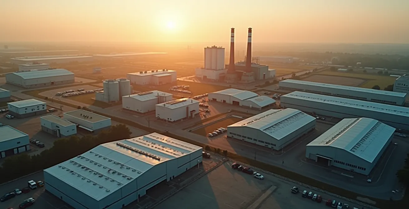 Vue aérienne d'un parc industriel mixte avec bâtiments variés sous lumière dorée du matin