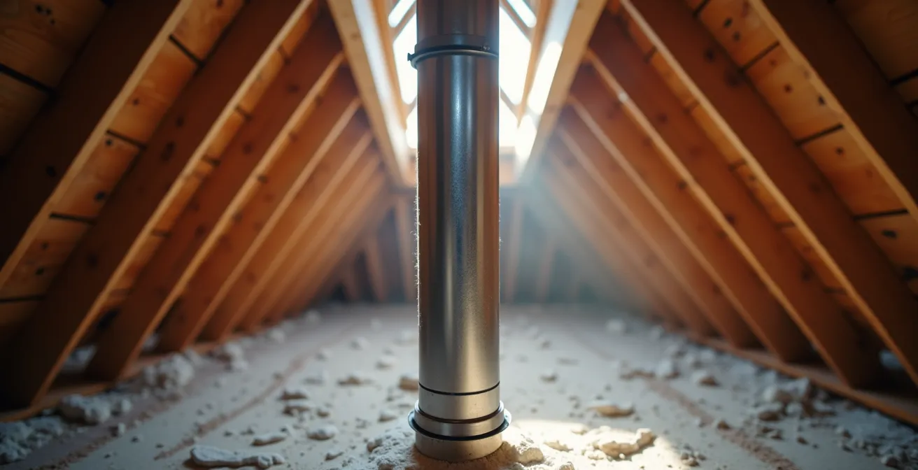 Vue en contre-plongée d'un conduit de cheminée tubé en inox dans un environnement de combles