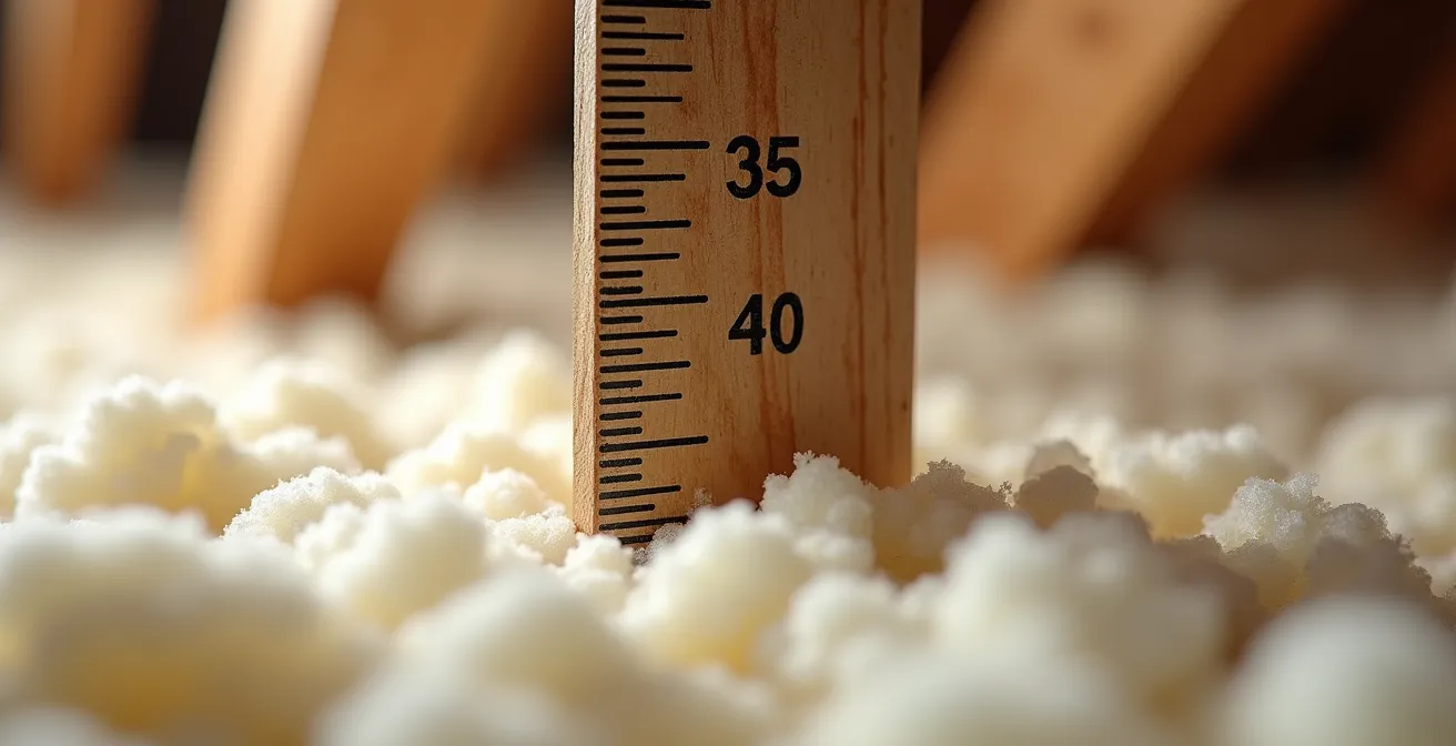 Gros plan sur une pige graduée plantée dans de la laine soufflée montrant clairement une épaisseur de 35 centimètres