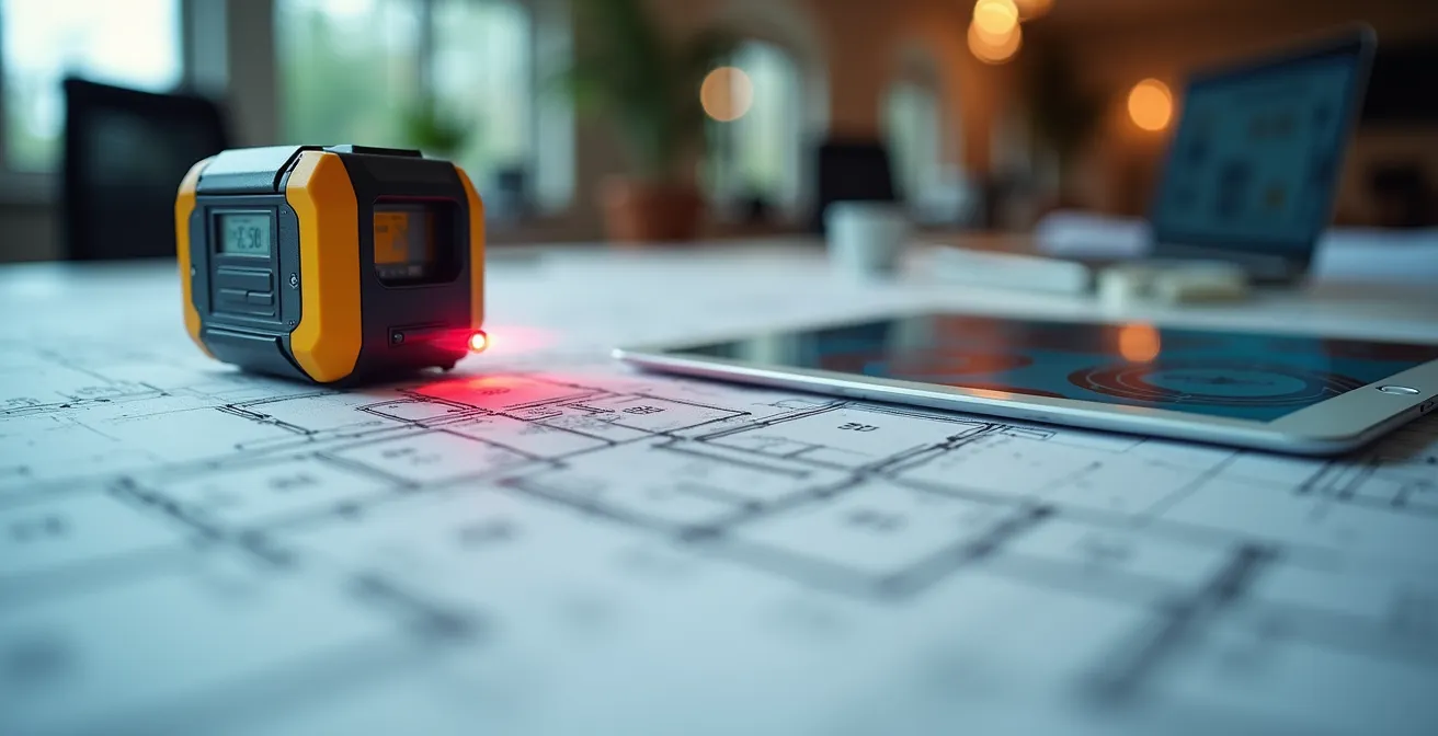 Gros plan sur des plans architecturaux avec mètre laser et tablette affichant l'interface OPERAT