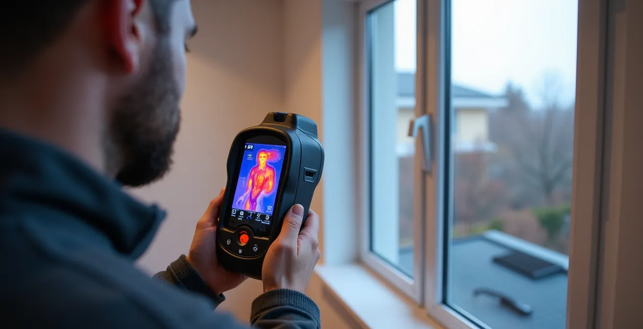 Personne utilisant une caméra thermique pour détecter les fuites d'air autour d'une fenêtre
