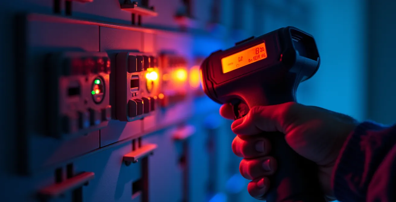 Caméra thermique révélant les zones de surchauffe dans un tableau électrique ancien