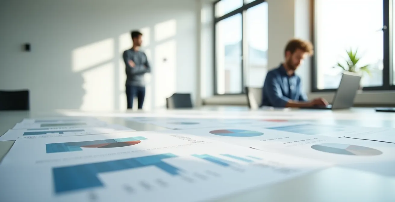 Bureau moderne avec une personne en arrière-plan évaluant la solidité financière d'un fournisseur d'énergie.