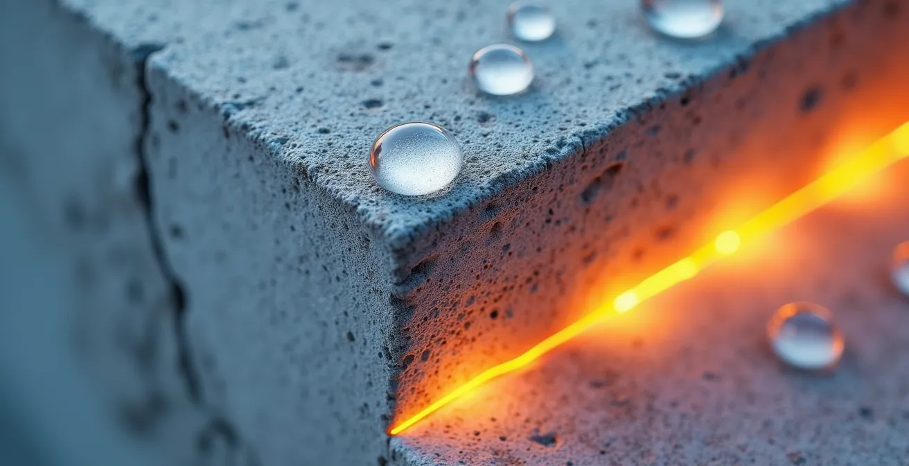 Coupe transversale d'un mur en béton montrant l'absorption et la restitution de la chaleur
