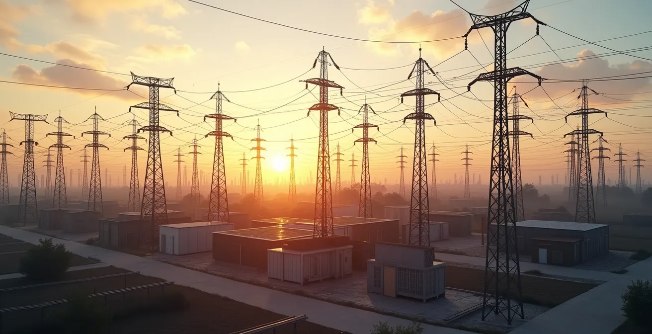 Vue aérienne d'infrastructures de distribution électrique avec pylônes et transformateurs dans un paysage industriel
