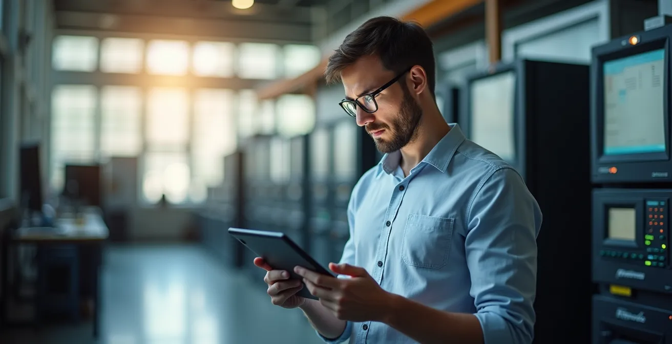 Ingénieur analysant des données de performance énergétique sur tablette dans un bâtiment moderne