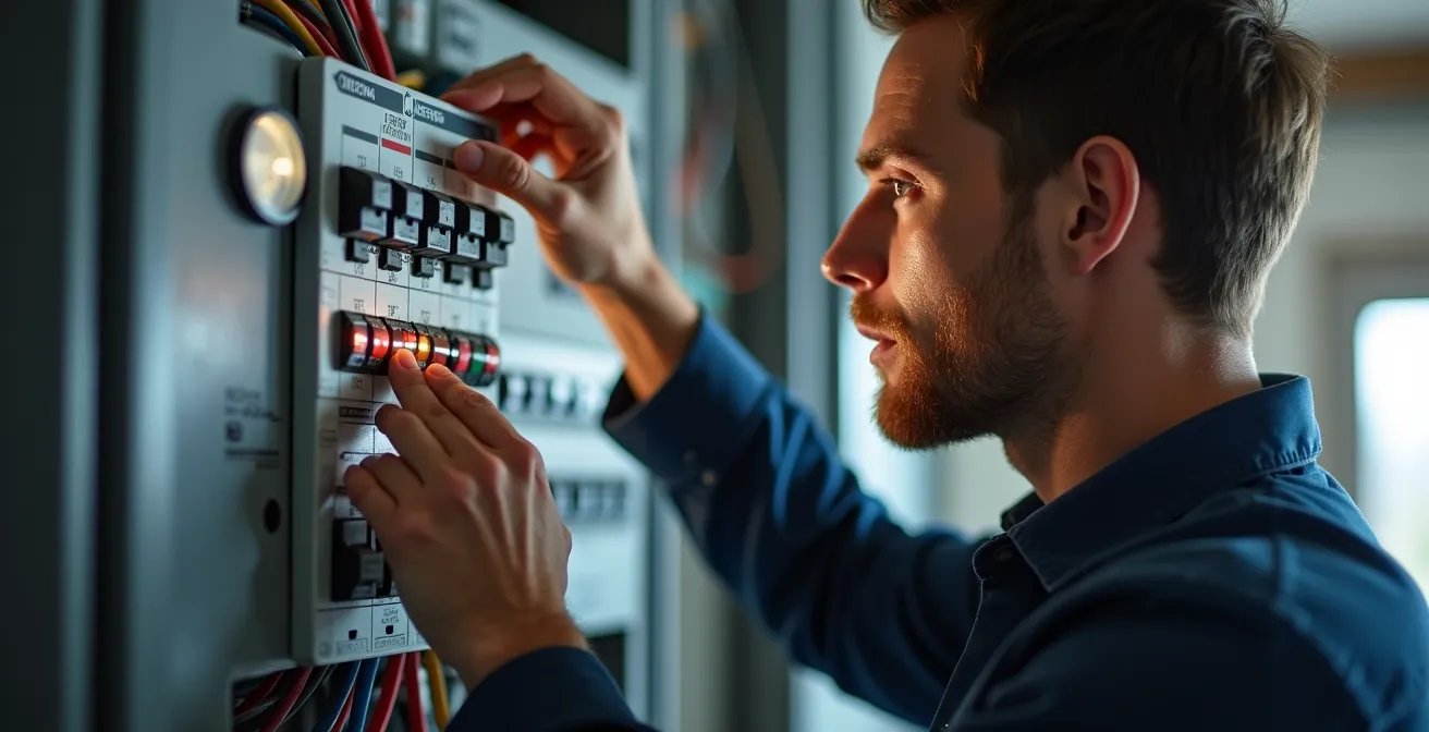 Inspecteur vérifiant un tableau électrique lors du contrôle Consuel