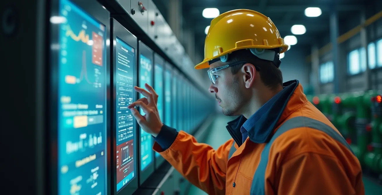 Technicien inspectant panneau de contrôle énergétique moderne dans installation industrielle