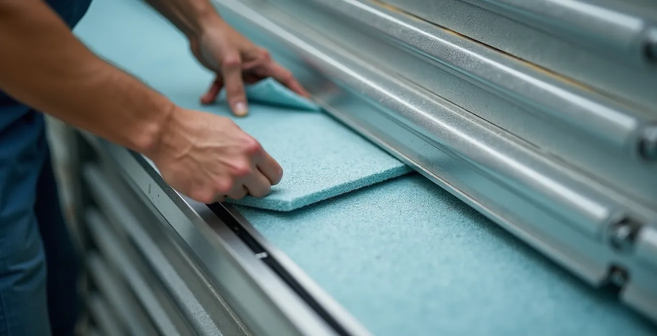 Vue détaillée de l'intérieur d'un coffre de volet roulant avec isolation en mousse et mécanisme visible