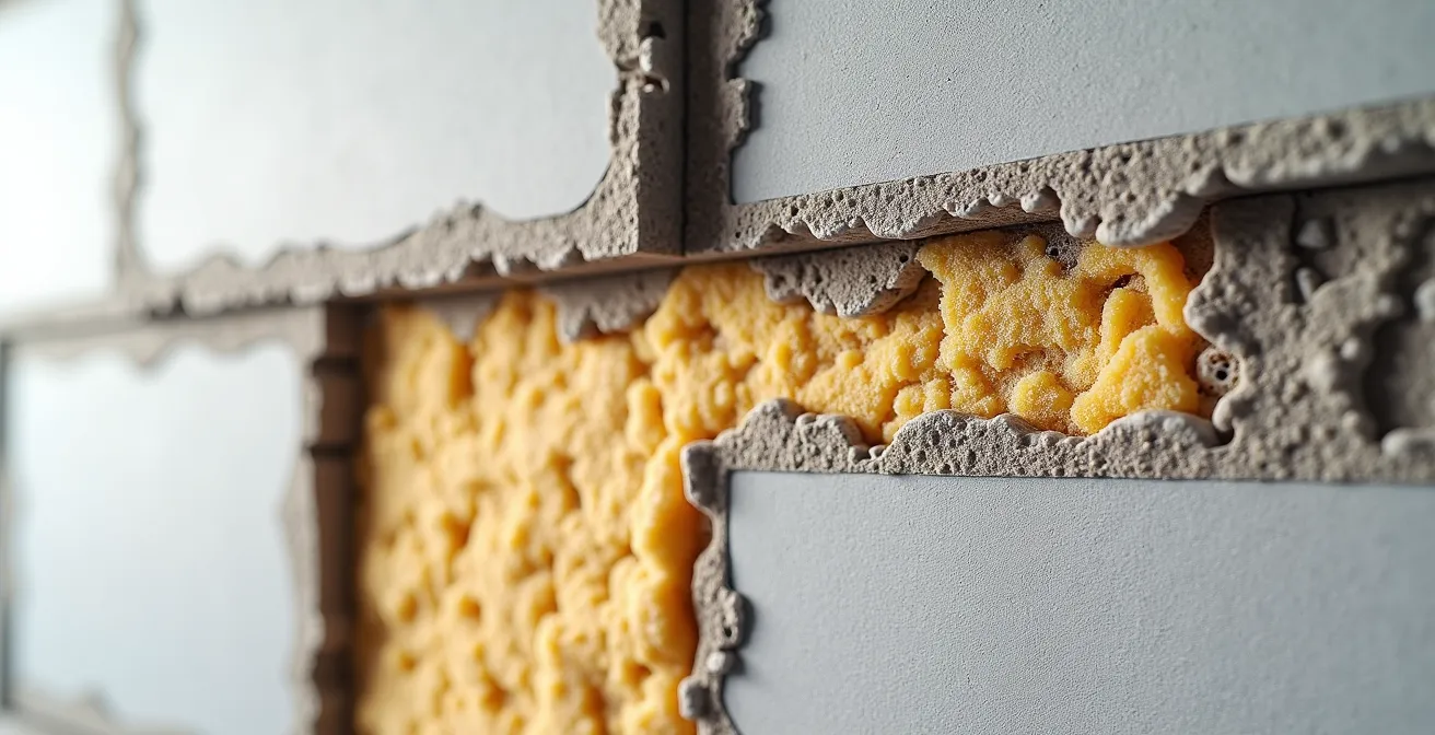 Coupe transversale d'un mur de maison montrant l'isolation thermique par l'intérieur d'un côté et par l'extérieur de l'autre