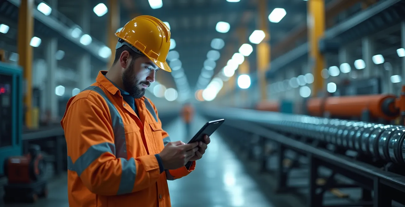 Opérateur utilisant un système de monitoring IoT sur ligne de production