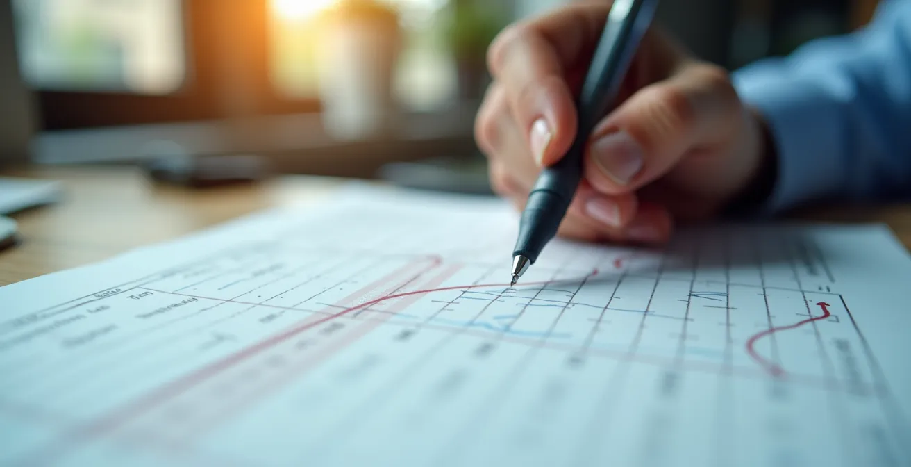 Main d'expert pointant une courbe de performance sur un document technique de pompe à chaleur.