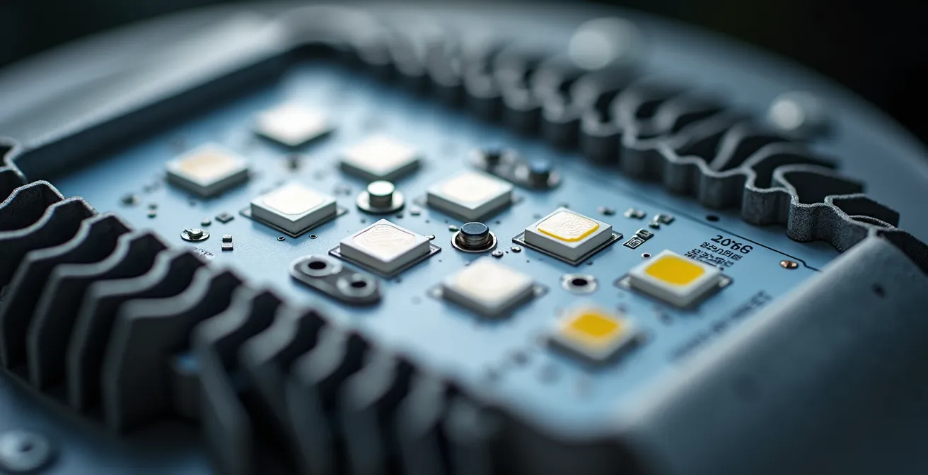 Vue macro détaillée d'un luminaire LED moderne montrant les composants techniques sans texte visible