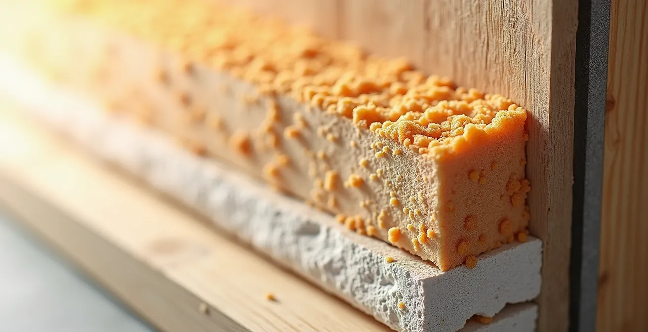 Coupe architecturale d'une maison RE2020 montrant l'isolation renforcée et les flux d'énergie