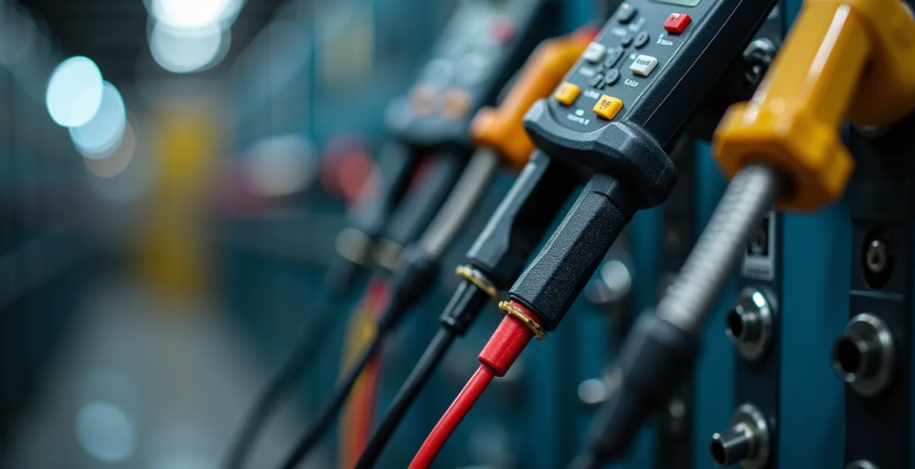 Technicien mesurant le courant d'appel avec une pince ampèremétrique sur une armoire électrique