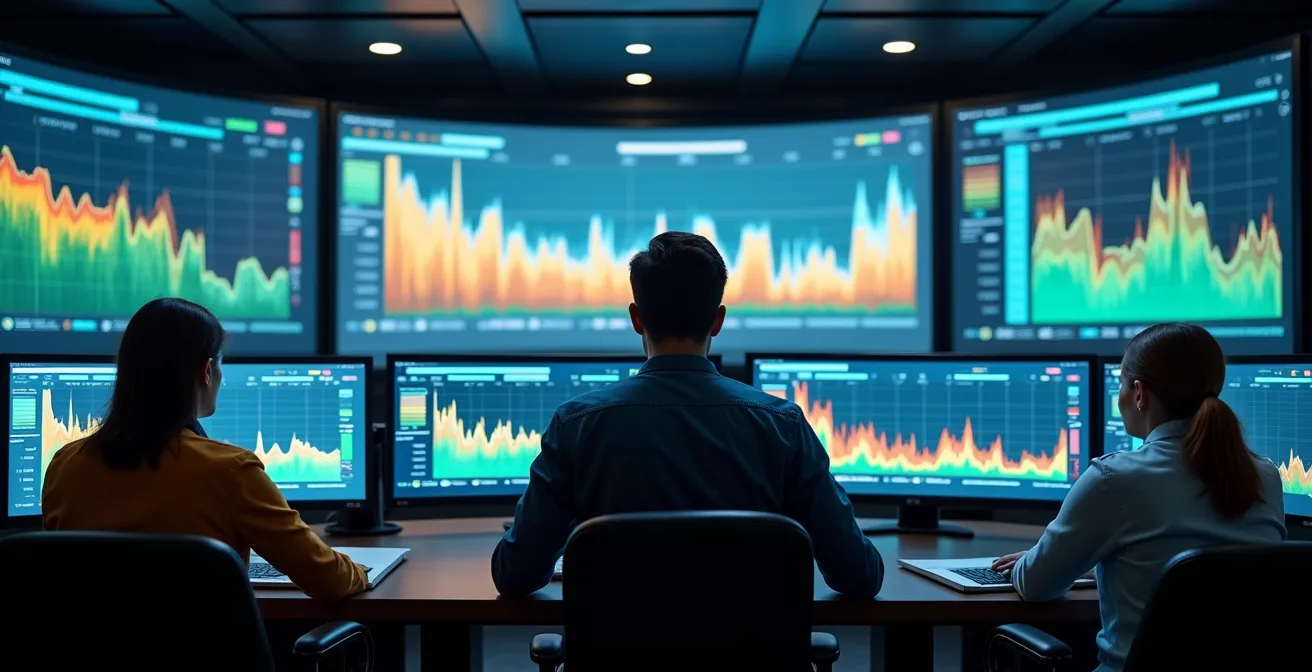 Salle de contrôle moderne du réseau électrique français avec écrans de monitoring