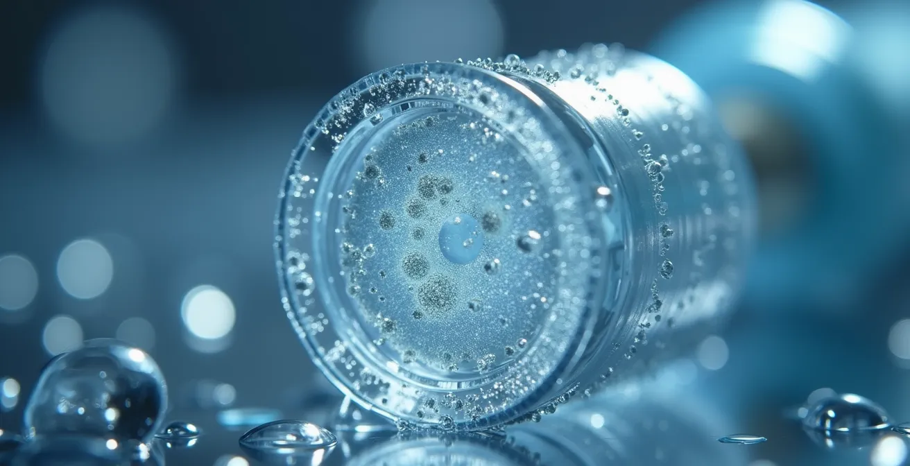 Gros plan macro sur un siphon de condensats transparent avec écoulement d'eau et bulles d'air visibles