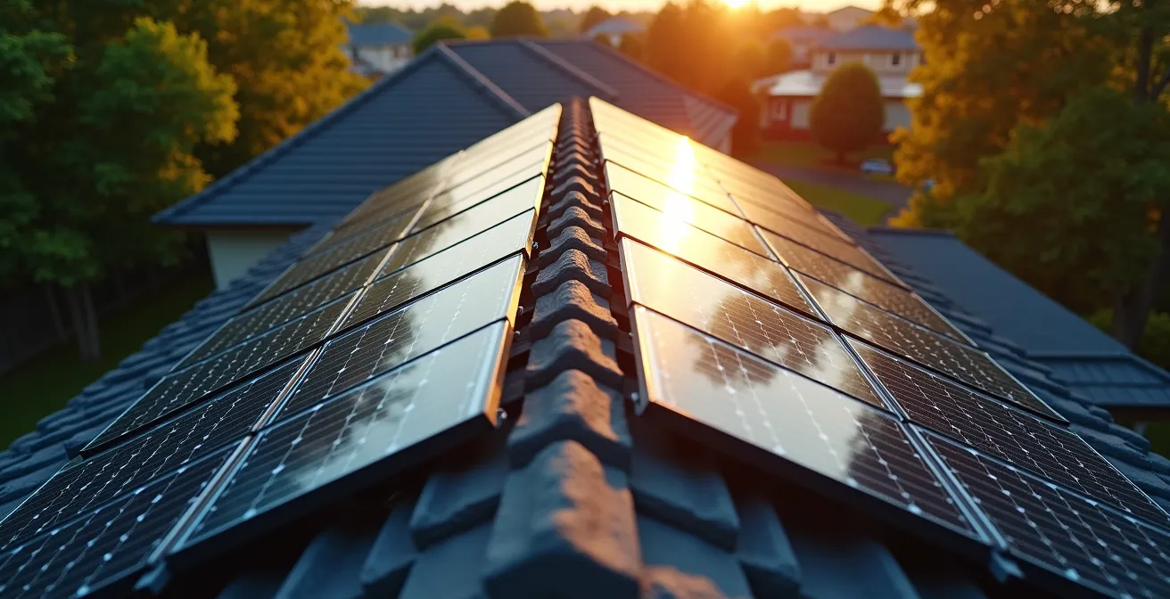 Vue aérienne d'une toiture avec panneaux solaires orientés Est-Ouest pour étaler la production sur la journée