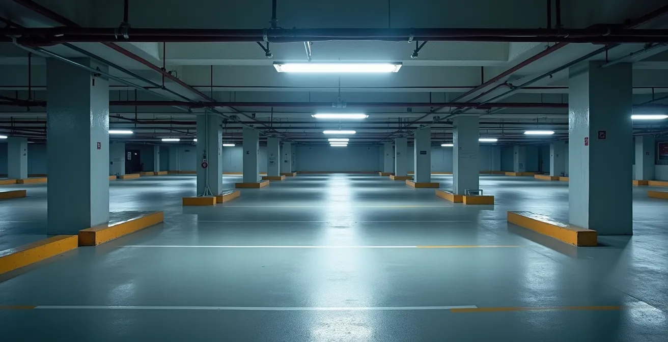 Parking souterrain moderne éclairé par LED avec détecteurs de présence intégrés au plafond