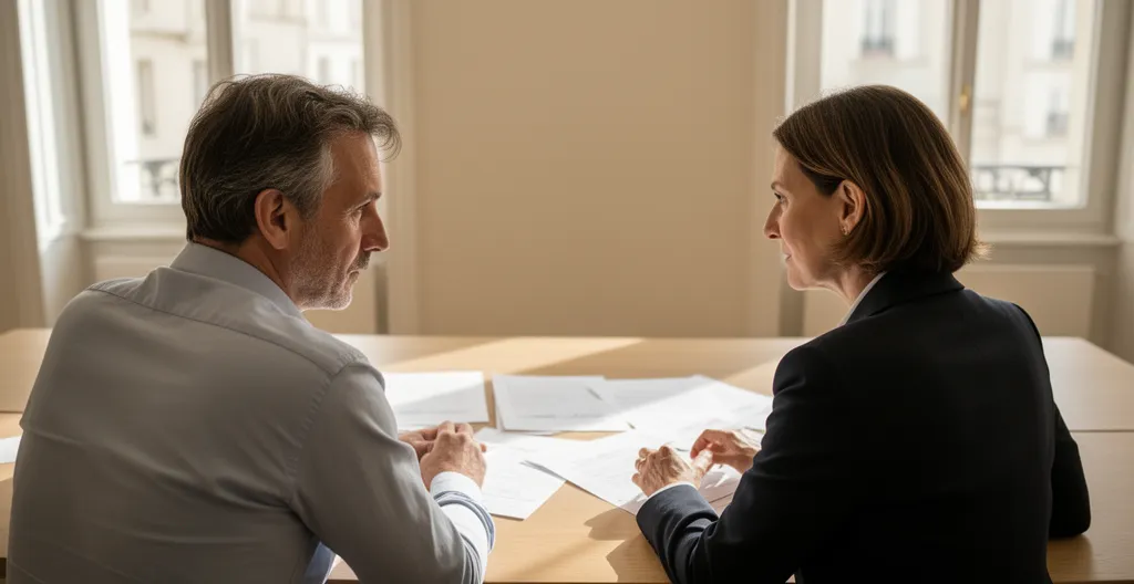 Deux personnes en réunion de conseil syndical analysant des documents sur table