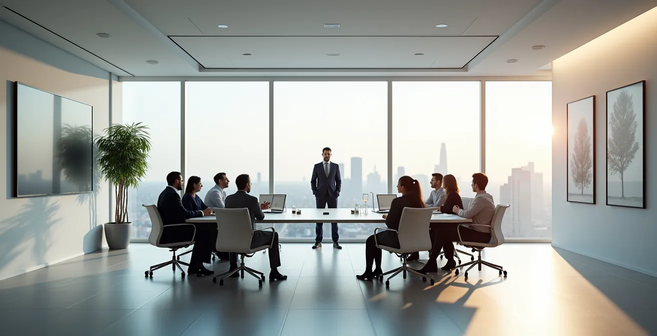 Vue large d'une salle de réunion moderne avec professionnels discutant autour d'une table