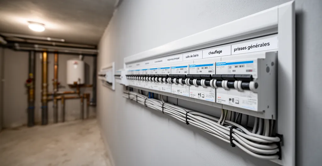 Tableau électrique de copropriété avec disjoncteurs et indication de puissance